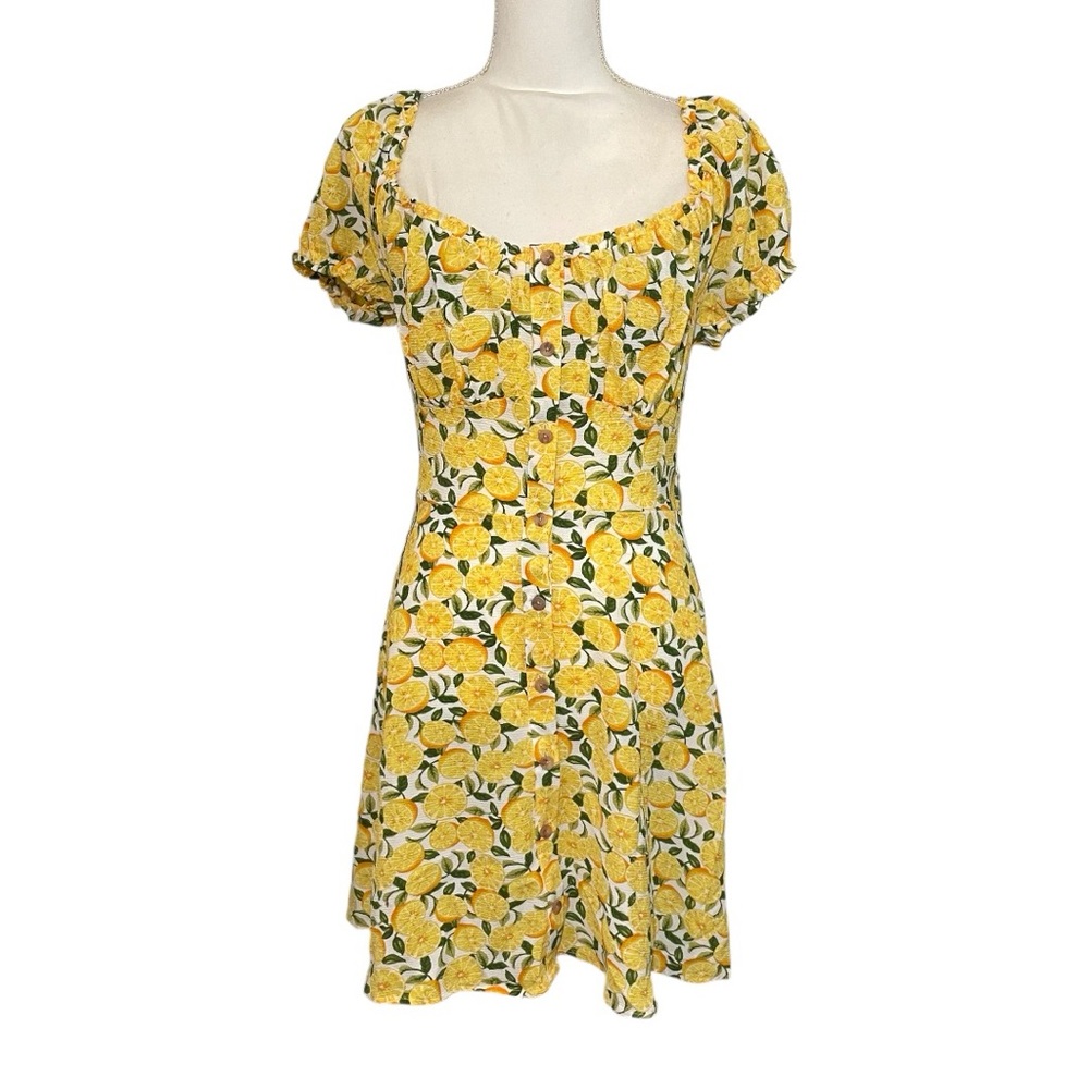 NWT BAILEY BLUE Lemon Print Mini Dress Square Neck Puff Sleeve Smocked Fruit New - Picture 4 of 9